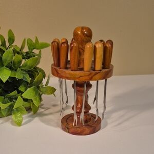 HANDCRAFTED Vintage Wooden Handle Appetizer Fork Set With Wooden Base